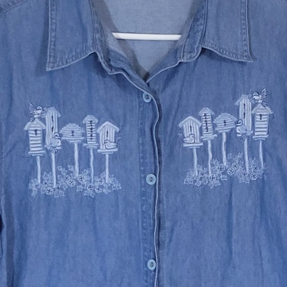 💜Passion-I XL Shirt Embroidered Birds & Homes Long Sleeve Button Up - Picture 2 of 6